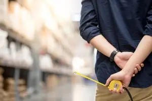 close up of male hand holding yellow tape measure in warehouse. Furniture product design measuring concept